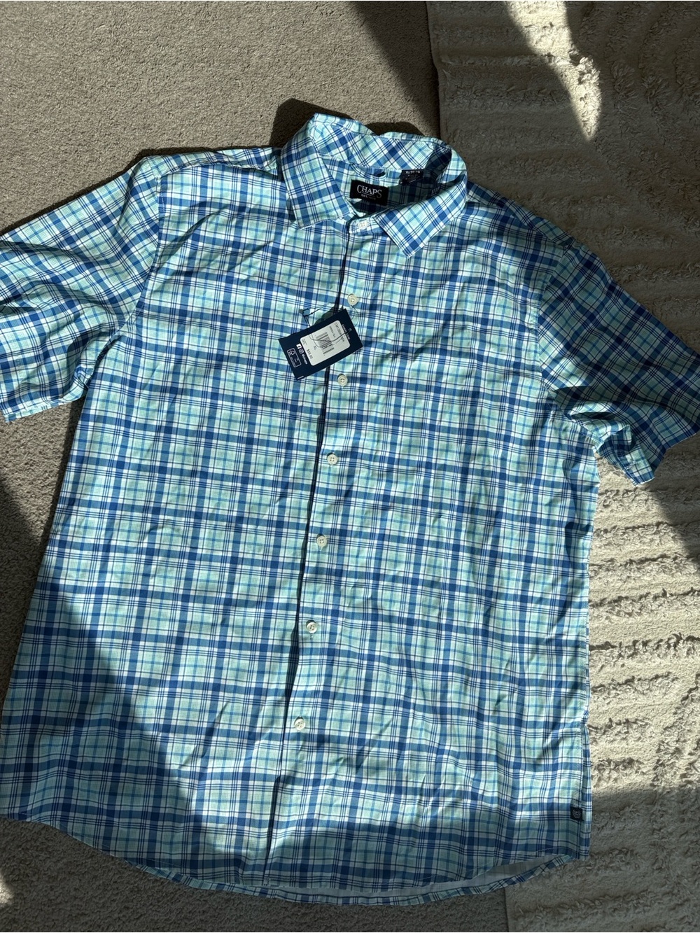 Chaps Men's Light Blue & Navy Plaid Short-Sleeve Button Down Shirt